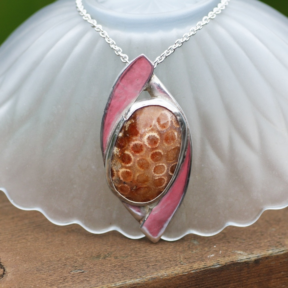 Handmade Large Natural Fossil Agate Pendant Sterling Silver, Unisex Design